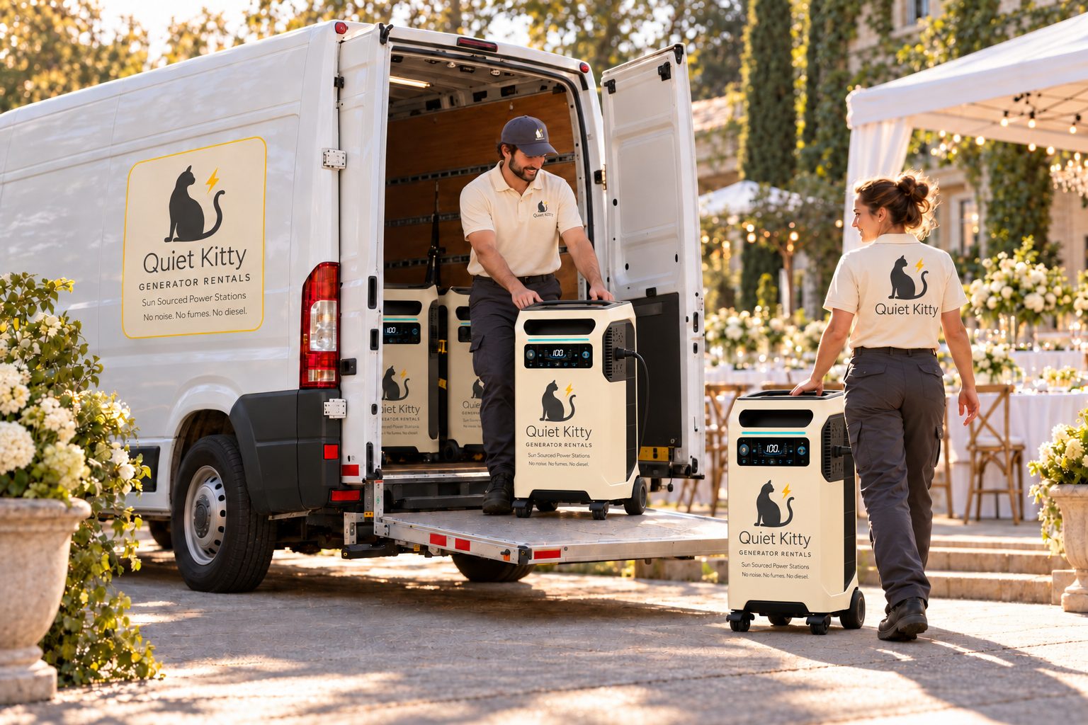 Two Quiet Kitty crew members unloading battery generators from a delivery van at an outdoor event venue