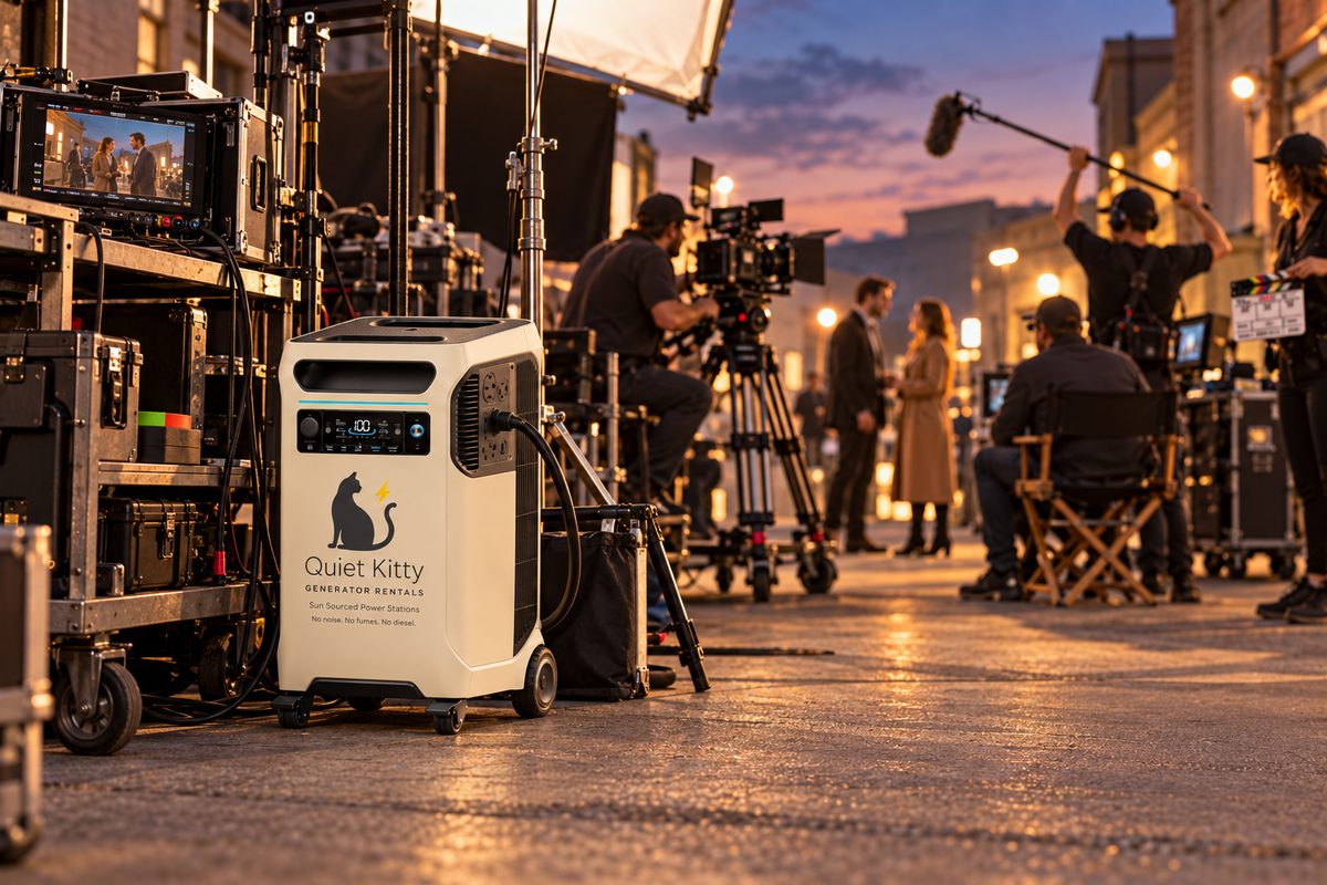 A Quiet Kitty battery generator powering equipment on a film set at dusk