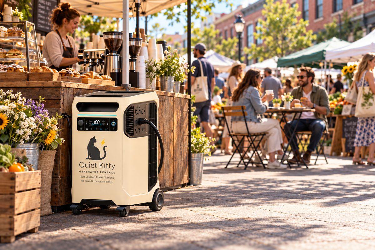 A Quiet Kitty battery generator behind a coffee and pastry stall at a farmers market