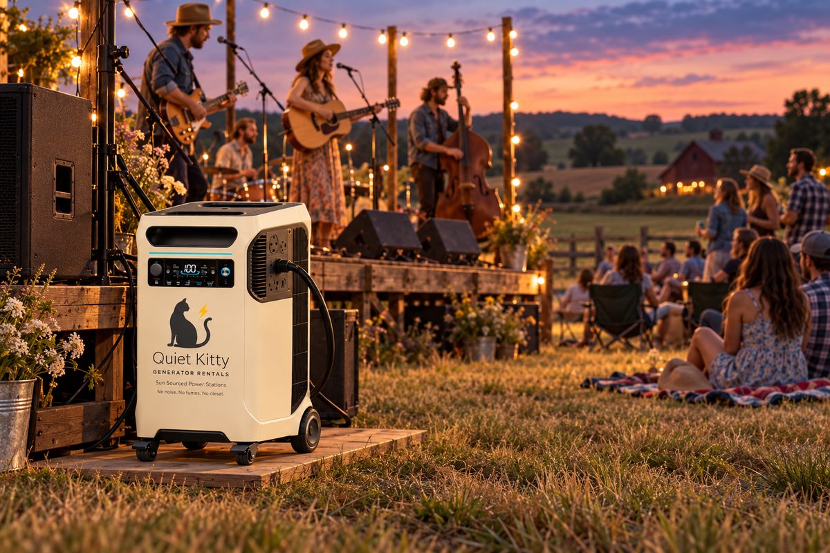 A Quiet Kitty battery generator beside the stage at an outdoor evening concert