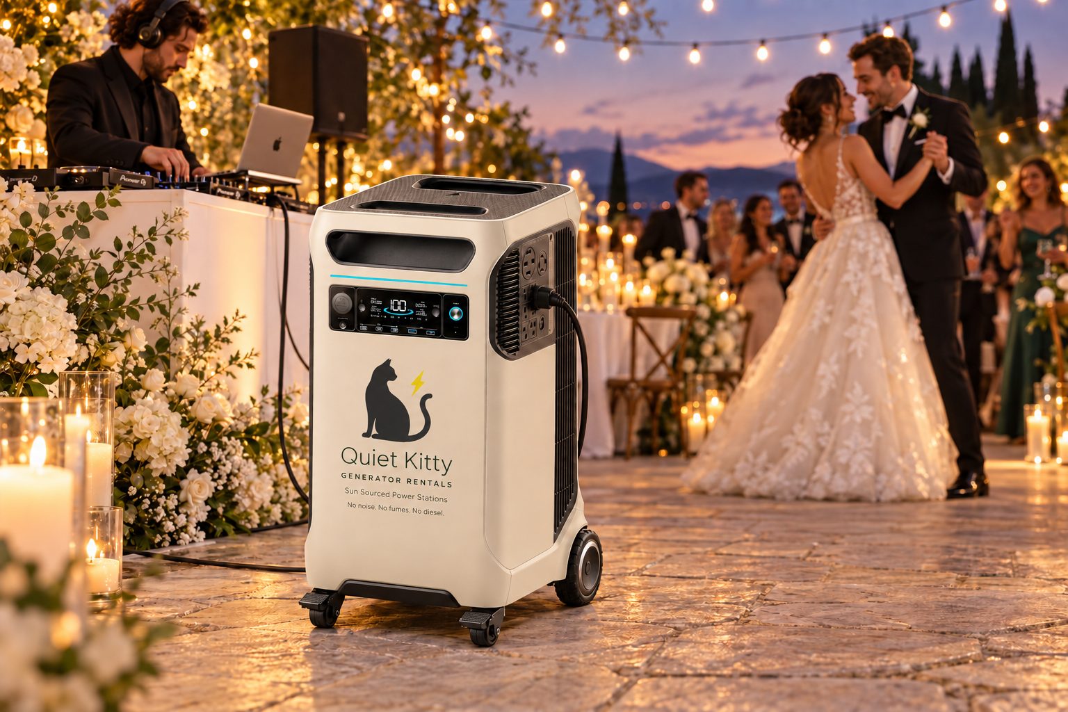 A Quiet Kitty battery generator beside the DJ table at an outdoor wedding reception while the couple dances